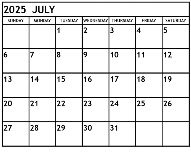 Printable July 2025 Calendar