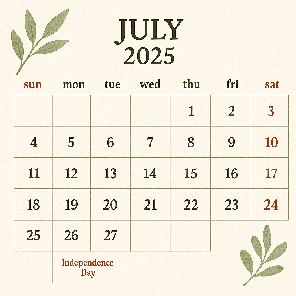 July 2025 Calendar With Holidays