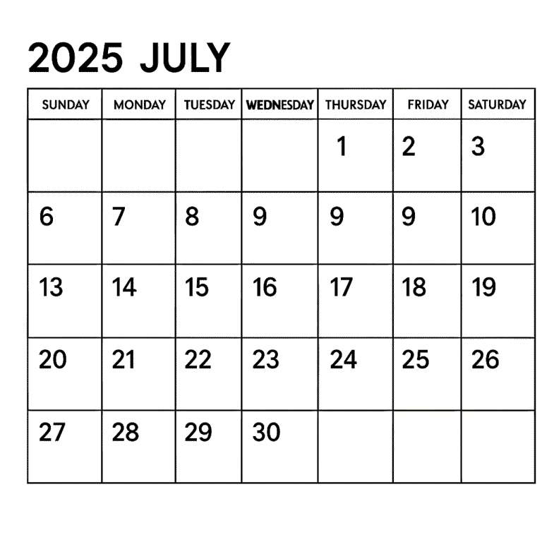 Printable July 2025 Calendar